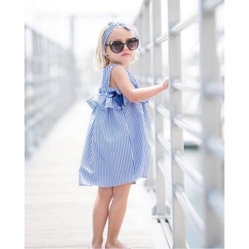 Hot 2020 New Summer Dress Toddler Kids Baby Girls Lovely Birthday Clothes Blue Striped Off-shoulder Ruffles Party Gown Dresses