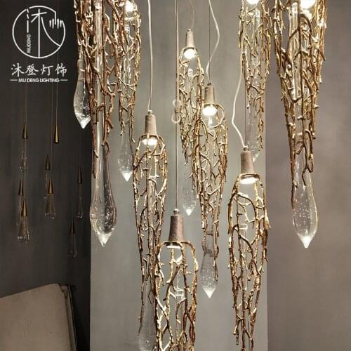 Copper branch chandelier restaurant engineering hotel duplex stair lamp artistic personality pure copper cage lighting
