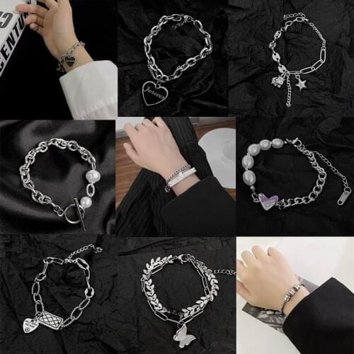 SOHOT Punk Fashion Titanium Steel Heart Lock Key Butterfly Pearl Letters Bracelet Unisex Couples Jewelry Souvenir Drop Shipping
