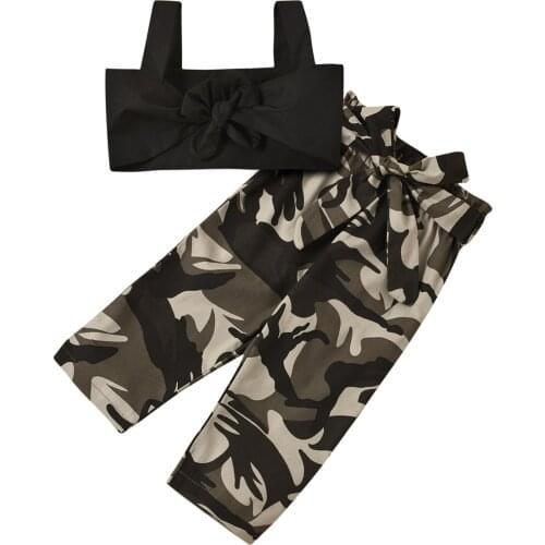 OPPERIAYA 2Pcs Personalized Baby Girls Outfit Leisure Style Solid Knotted Sleeveless Suspender Tops bow Camouflage Print Pants