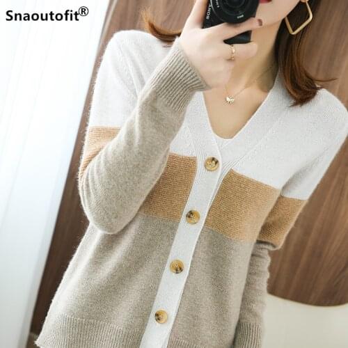 2021 Sspring Autumn,100% Pure Wool Cardigan Women, V-Neck,Plus Size Loose,Fashion Color Matching,Cashmere Knitted Sweater Tops