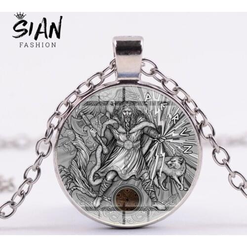 SIAN Slavic Thundermarks Pendant Necklace Slavic Thundermarks of Perun Pattern Glass Cabochon Long Necklace Men Adjustable Chain