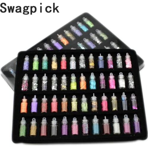 Swagpick 48 bottles/pack nail glitter powder fitness women decoration crush shell pearl beads mini bottle nail art charm