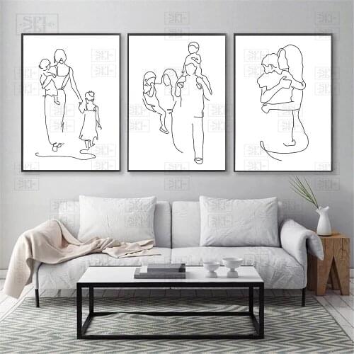 Family Line Drawing Wall Art Father Mother and Daughters Son Canvas Poster Abstract Figures Print Painting Pictures Home Decor