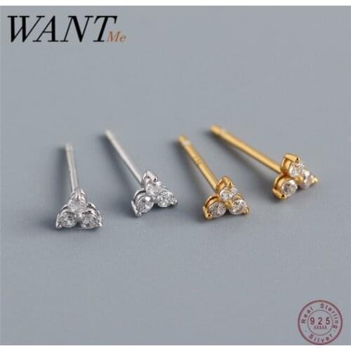 WANTME Cute Mini Real 925 Sterling Silver White Zircon Clover Stud Earrings for Women Flower Earrings Jewelry Girl Birthday Gift