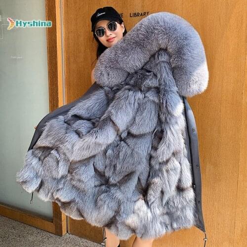 Womens Real Fox Fur Parker Fur Coat Detachable Large Collar Long Coat Large Size M-XXXXL