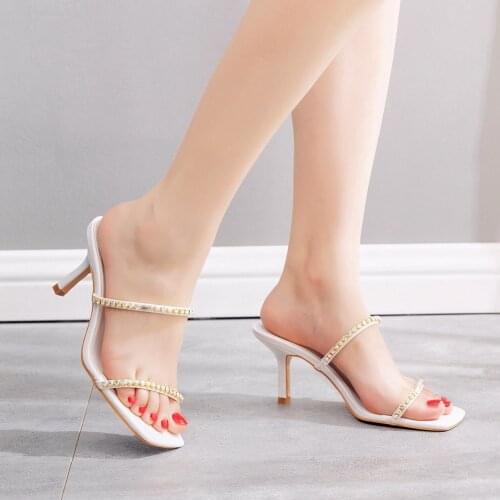 Fashion Comfortable Pumps Summer Square Toe Sandals Ladies Mules 7CM High Heels Slippers Female Diamond Woman Shoes