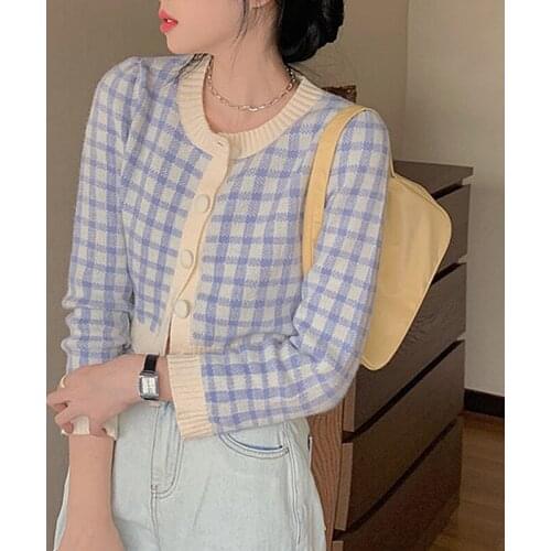 Korean Plaid Knitted Sweater Crop Cardigan Women Long Sleeve Single Breasted Female Cardigans Kawaii Outwear Sueter Mujer