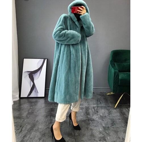 Womens Imported Whole Leather Mink Fur Coat Womens Long Outwear Thick Warm Full Pelt Fur Jacket Natural blue Mink Fur Coat