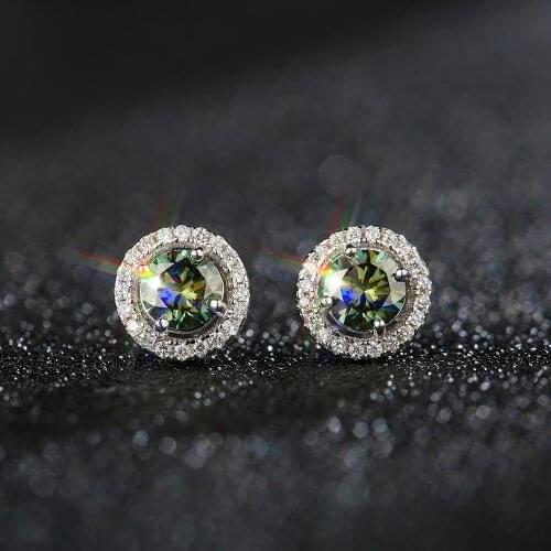 BOEYCJR S925 Round 0.5/1ct blue green Moissanite VVS1 Fine Jewelry Diamond Stud Earring With national certificate for Women