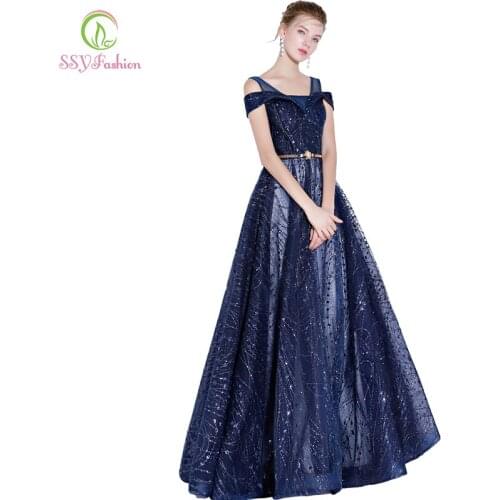 SSYFashion New Blue Evening Dress Banquet Blingbling Sequined Party Gown Custom Formal Dress Robe De Soiree Reflective Dress