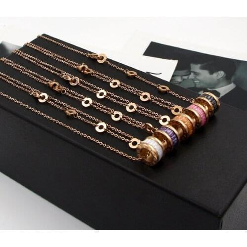 Hot Sale Color Stone Roman Numerals Rose Gold Color Stainless Steel Necklace