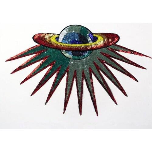 1PCS Sequined Alien ufo Patch Cartoon Garment Appliques Iron Or Sew On Clothes Coat Accessory Planet Stickers Patches