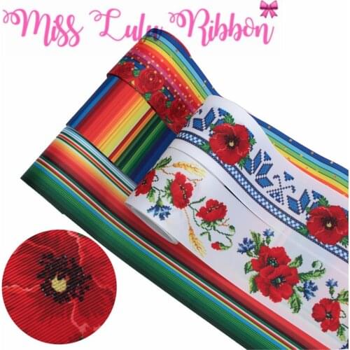 16mm-75mm Mexico Flower Series Gradient Color Stripes Printed Grosgrain/Foe Ribbon DIY Hair Bowknots Party Decor 50yards/roll