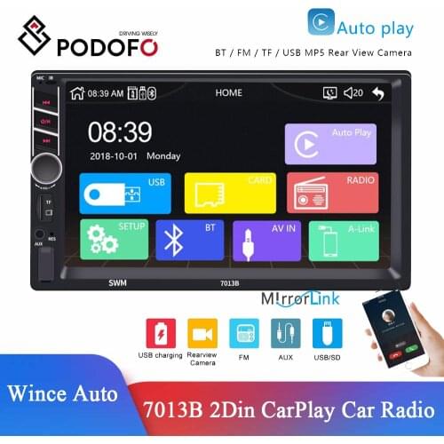 Podofo 7013B 2Din Carplay Car Radio Android Auto MP5 Video Player Bluetooth Handsfree USB 7" Touch Screen Audio Stereo Head Unit
