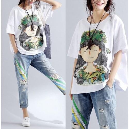 Oversize T-shirt Women Summer O-Neck Loose Cartoon Print Harajuku Casual Short Sleeve Female Plus Size Fashion All-Match Tee