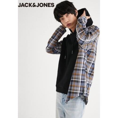 JackJones Mens Loose Fit Plaid Splice Fake Two-piece Design Pullover Hoodie | 220305037
