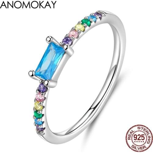 Anomokay Rainbow Cubic Zirconia Stone Statement Finger Rings for Wedding Engagement Silver 925 Ring Jewelry