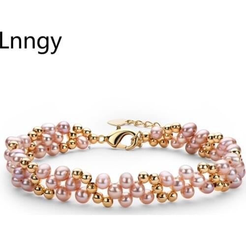 Lnngy 14K Gold Filled Multi-layered Bracelet 4-5mm Natural Freshwater Oval Pearl Twisted Fashion Bracelet Women Bangle Jewelry