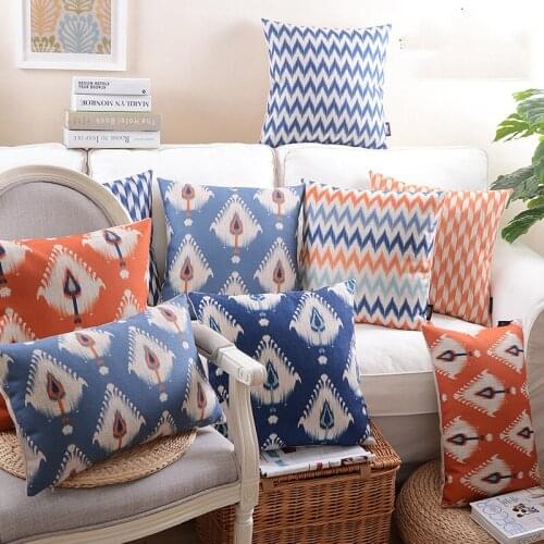Linen Pillow Cover Home Decorative Cushion Cover Ikat Blue RedOrange Zigzag Dots Abstract Geometric Pillow Case 45cm*45cm