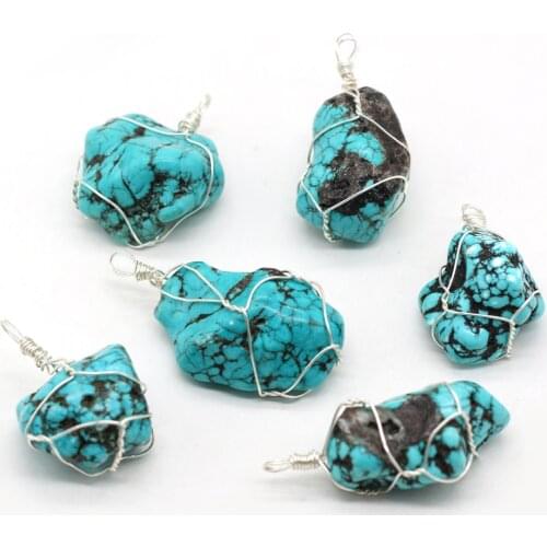 Natural Agates Stone Pendant Charms Green Turquoises Winding Wire Irregural Pendant for Making DIY Jewerly Necklace Accessories