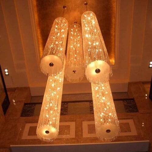 Hotel Restaurant long crystal pendant lights penthouse floor stairs Golden Crystal pendant lamp lobby hollow stair crystal lamp