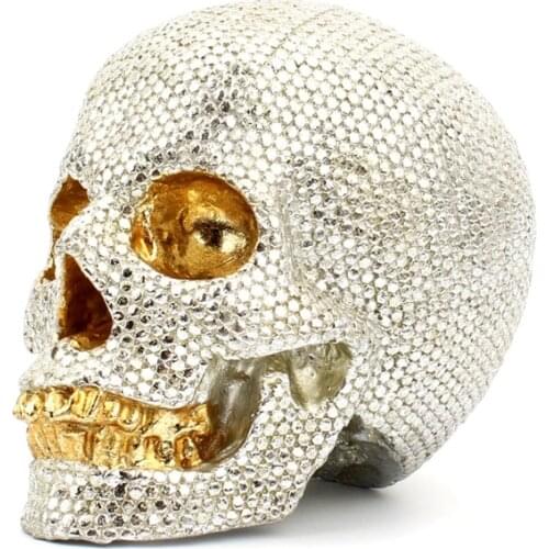 Sequins Skeleton Skull Statues Silver Shiny Head Figurines for Desk Room Decoration Modern Home Decor Ornament Accessories