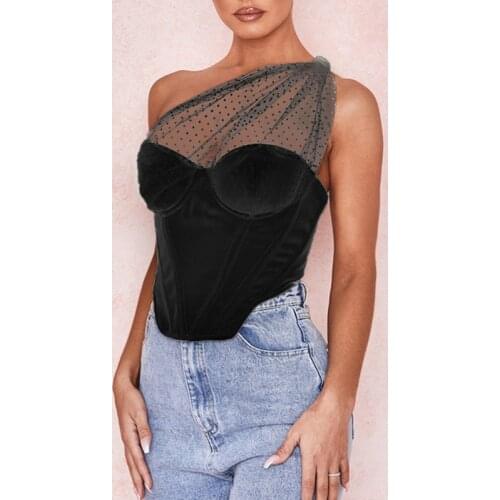 Summer Black Crop Tops Women Splice Polka Dot Mesh One Shoulder Sexy Tank Top Push Up Padded Boned Corset White 2021