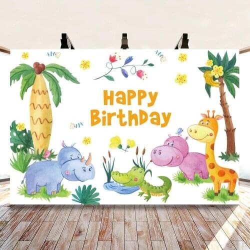 Spring Zoo Giraffe Hippo Tree Flowers Cartoon Background Baby Birthday Party Decoration Studio 3D Digital Backdrop Cloth