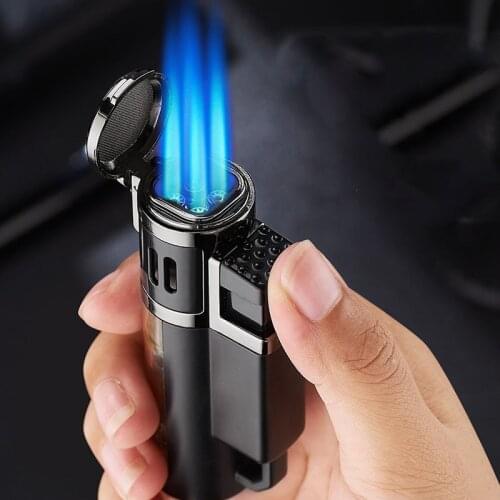 Windproof Cigar Butane Lighters Visible Gas Window Jet Torch Metal Lighters Four Flame Spray Gun Gadgets For Men