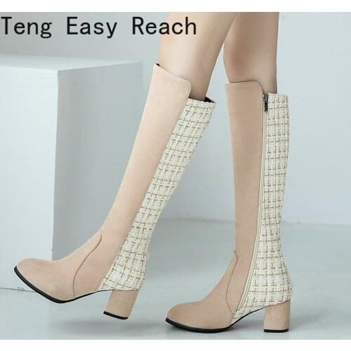 2021 Women Boots Flock Leather Knee High Boots Fashion Square High Heel Long Boots Autumn Winter Zipper Boots Black Apricot 43