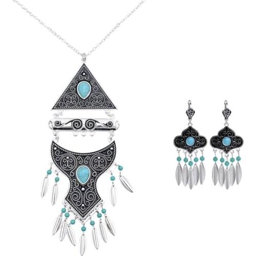Fashion Silver Color Jewelry Set Vintage Stone Necklaces Earring African Jewelry Sets for Women Bohemian Gypsy Party Jewelry Set