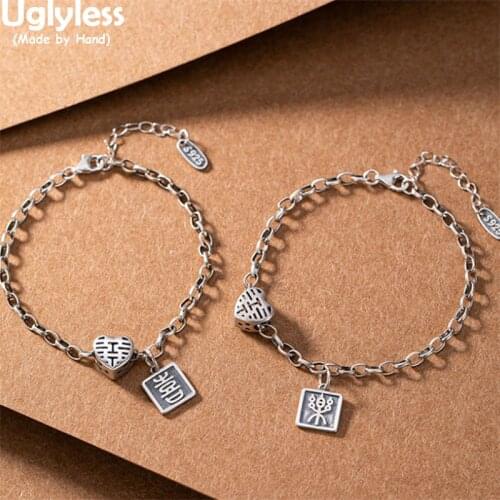Uglyless Chinese Double XI= Happy Gifts Jewelry for Girls Women Hollow Heart Bracelets 925 Thai Silver Square Charm Bracelets