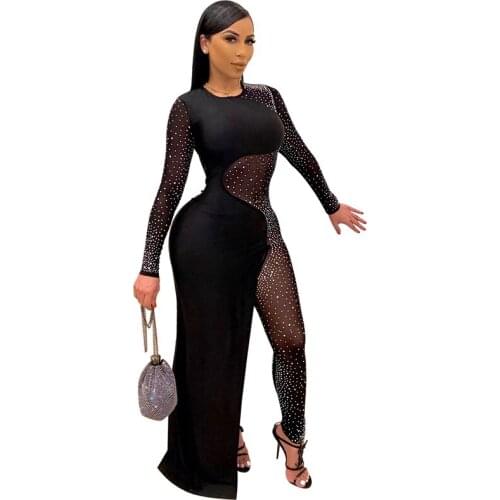Black Sexy Bodycon Rompers Womens Jumpsuit Elegant Rhinestone Sheer Mesh Club Party Jumpsuit One Piece Outfit Women Overalls