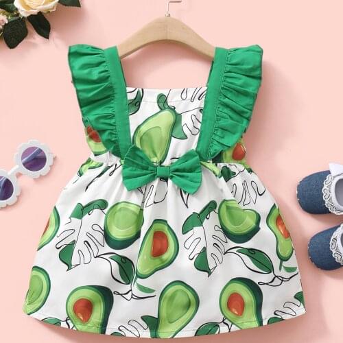Baby Girls Ruffles Summer Dress Toddler Wrinkle Sleeve Fruit Printed Dress Clothes Tutu Dress For Girls