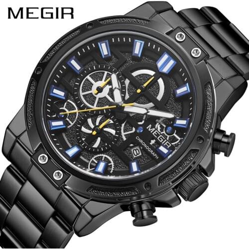 MEGIR Mens Watches Top Brand Luxury Big Dial Quartz Wrist Watch Men Stainless Steel Black Relogio Masculino 2019 Montre Homme