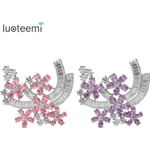 LUOTEEMI Two Colors Choice Fashion Purple Pink AAA Zircon Flower Women Brooch Bouquet High Quality Brooch Pins for Wedding