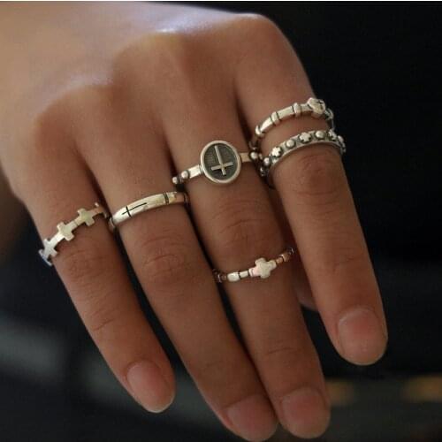 DIEZI Bohemian Vintage Cross Charm Knuckle Joint Rings Set For Women Men Girls 2019 New Hip Hop Silver Color Finger Rings