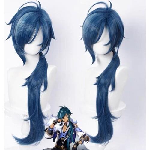 Genshin Impact Kaeya Cosplay Men 80cm Long Ink-Blue Wig Cosplay Anime Cosplay Wigs Heat Resistant Synthetic Wigs Halloween