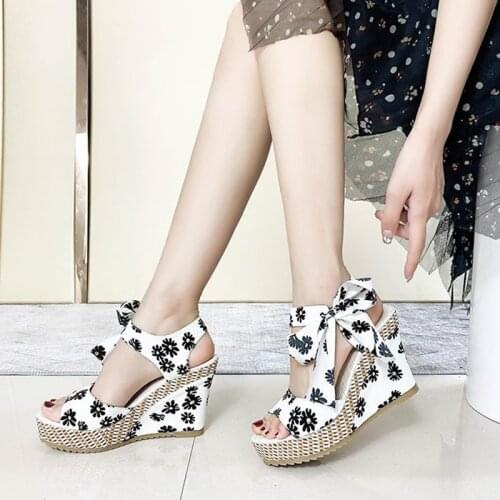 Women Wedges Platform Sandals Summer Beach Floral High Heels Lace-up Sandals Fish Mouth Bow Gladiator Shoes Woman Sweet Sandals