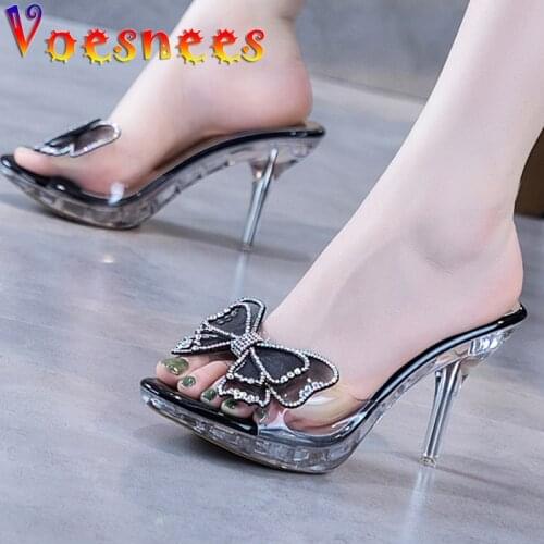 Women Sandals Mesh Color Diamond Butterfly-Knot Summer Sweet Slippers Transparent Crystal Thin High Heels Wedding Women Shoes