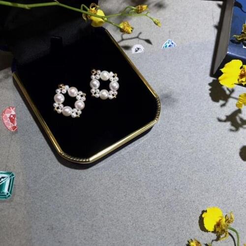 Natural handpicked white Freshwater Pearls Stud Earrings,Rhombic Hand knitted women earrings,Decorative wedding Jewelry gifts