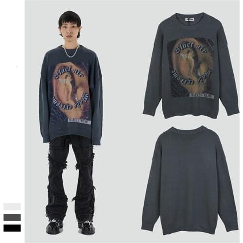 High Street Retro Printed Unisex Sweater Spring Autumn Mens Clothes Fashion Loose Knit Pullover Tops Womens Oversized Knitwear