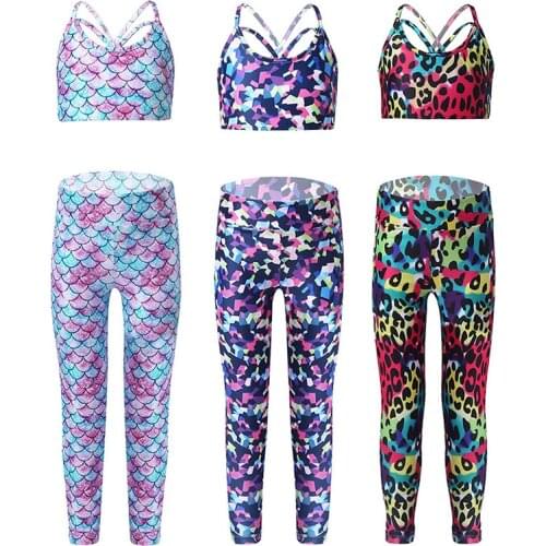 TiaoBug Kids Colorful Print Tracksuit Sports Tops with Leggings Pants Sets Children Gymnastics Costume Girls Ballet Dance Wear