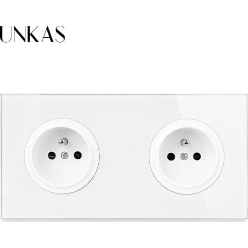 UNKAS Crystal Tempered Pure Glass Panel 16A Dual French Standard Wall Power Socket Outlet Grounded With Child Protective Lock