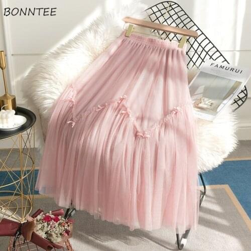 Skirts Women Summer Elegant Korean Style Mesh Casual Fashion Solid Bows Empire Mid-Calf Sweet Students Cozy Loose All-match Soft