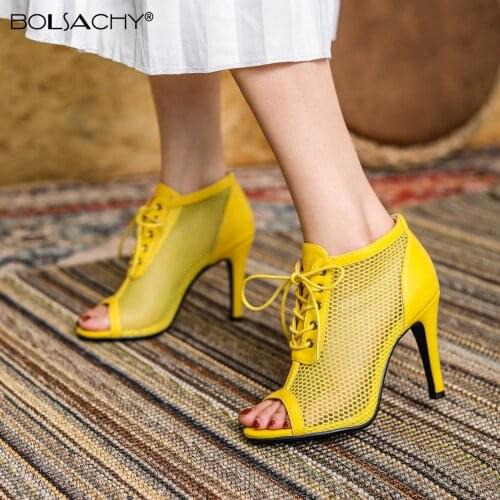 2021 Brand Design Summer High Heels Mesh Style Lace-Up Sandals Pumps Western Peep Toe Ankle Boots For Women Discount Fetish