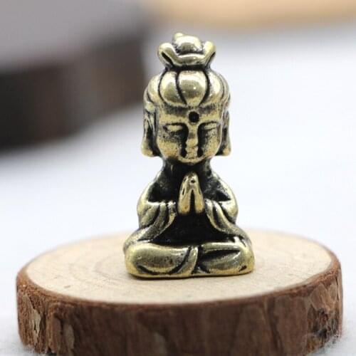 Antique Solid Brass Guanyin Miniature Figurines Retro Copper Animal Tea Pet Desktop Ornament Decor Crafts Keychain Pendants