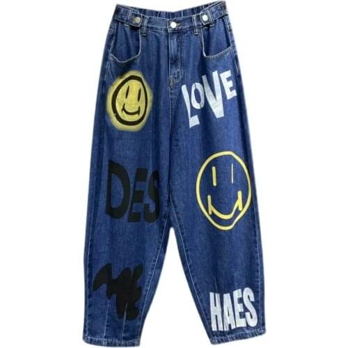 Personality Jeans Women Spring Summer New Elastic Waist Printing Letter Buttons Zipper Loose Straight Leg Pants Female Trousers