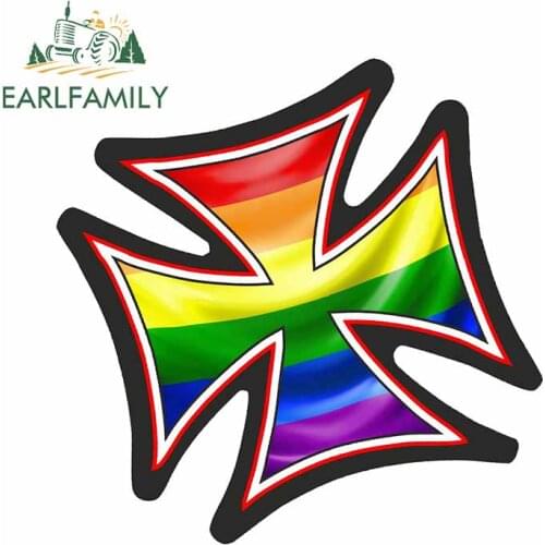 EARLFAMILY 13cm x 13cm Car Sticker for Iron Cross with Lgbt Gay Pride Rainbow Flag Motif External Vinyl JDM SUV 4X4 Window Decal